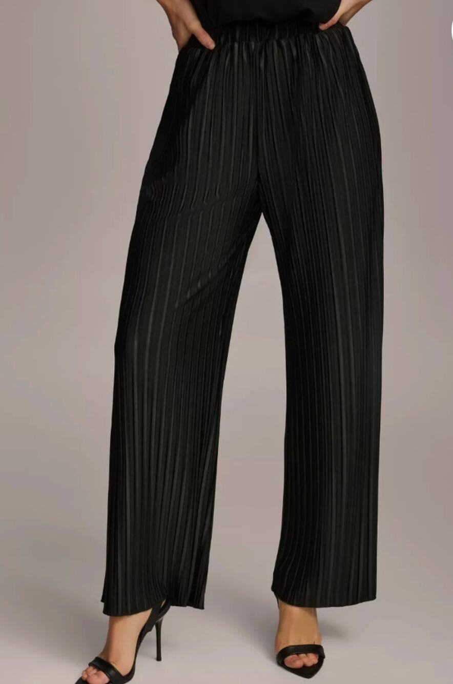 Donna Karan New York High Rise Straight Leg Plisse Pleated Pants Black Large